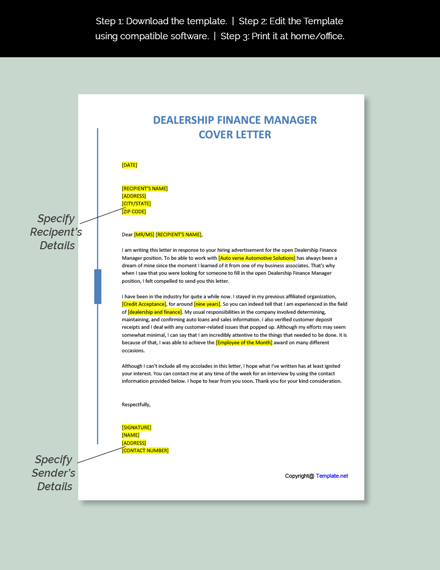 Dealership Finance Manager Cover Letter Template