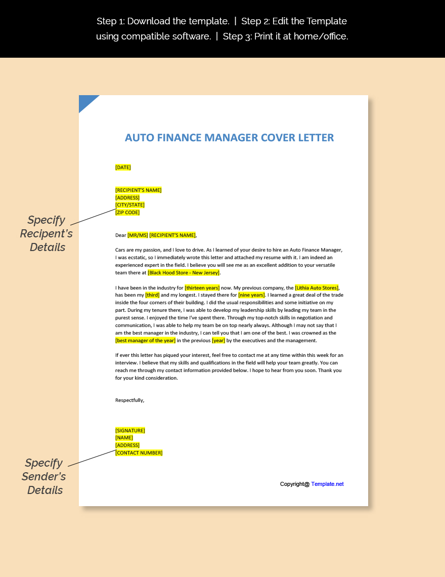 Auto Finance Manager Cover Letter
