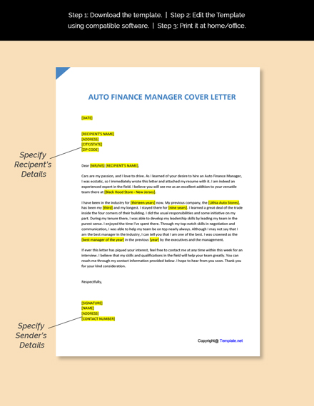 Auto Finance Manager Cover Letter Template