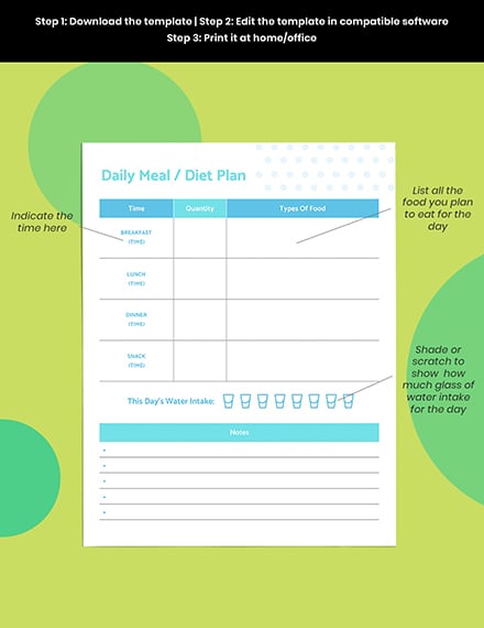 Daily diet planner template Editable