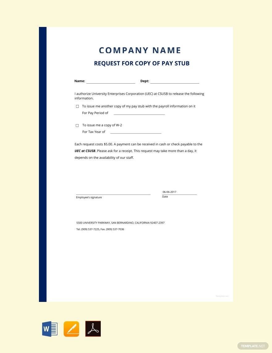 Request for Copy of Pay Stub Template