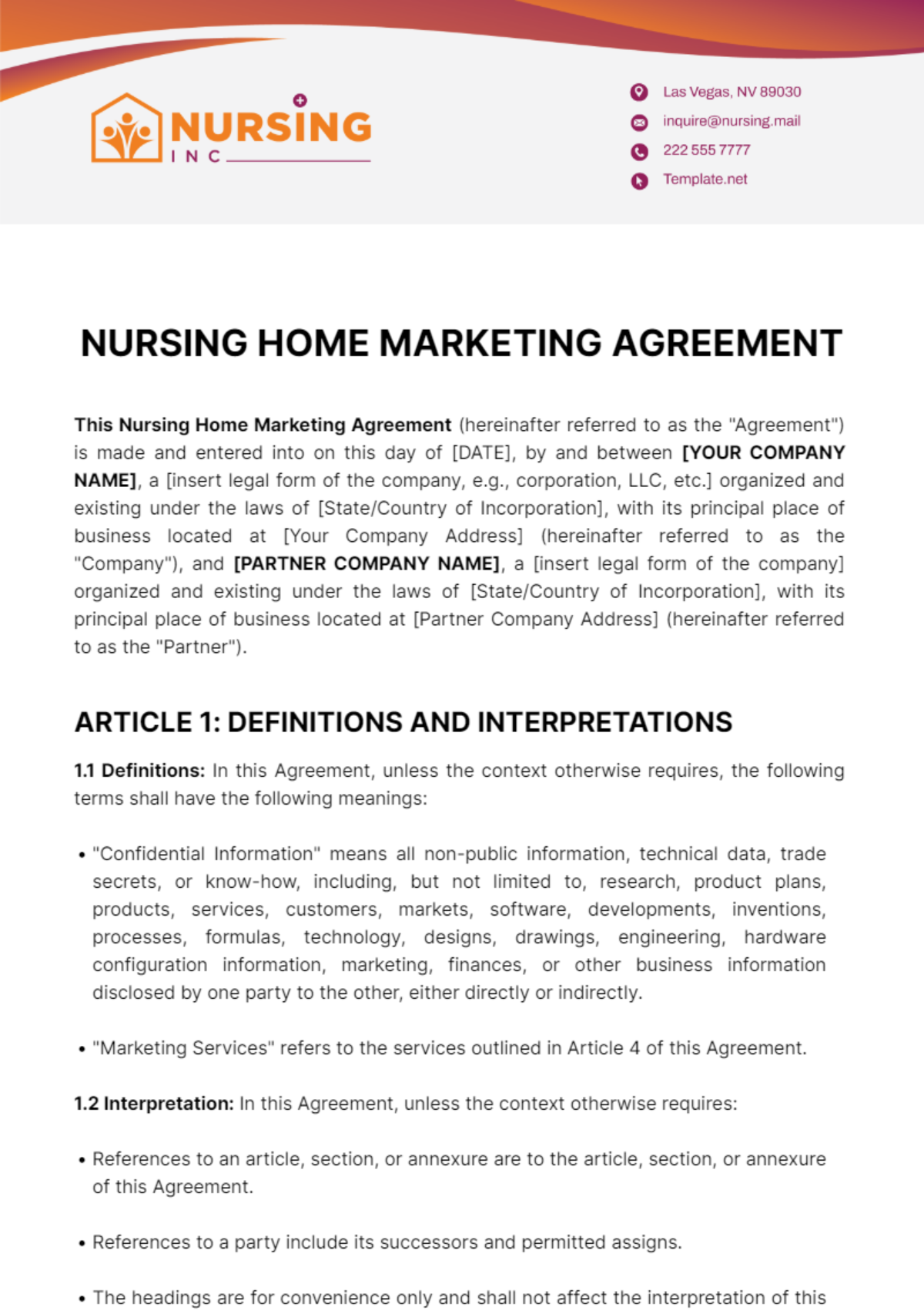 Free Nursing Home Marketing Agreement Template