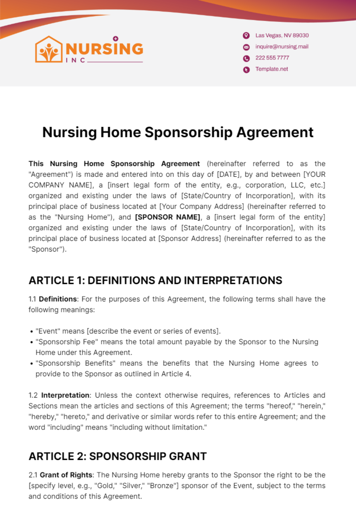 Nursing Home Sponsorship Agreement Template