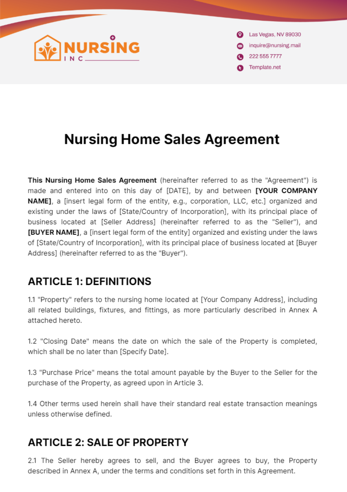 Free Nursing Home Sales Agreement Template