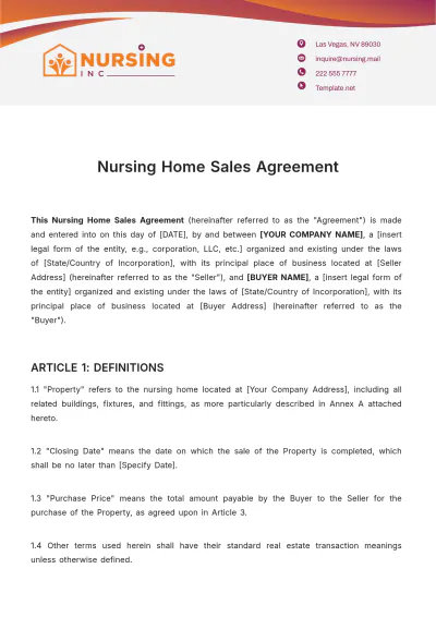 Free Nursing Home Sales Agreement Template to Edit Online