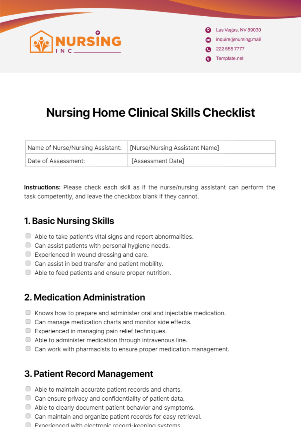 Free Nursing Home Clinical Skills Checklist Template