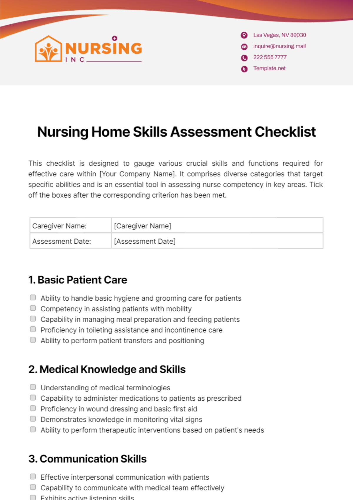 Nursing Home Skills Assessment Checklist Template