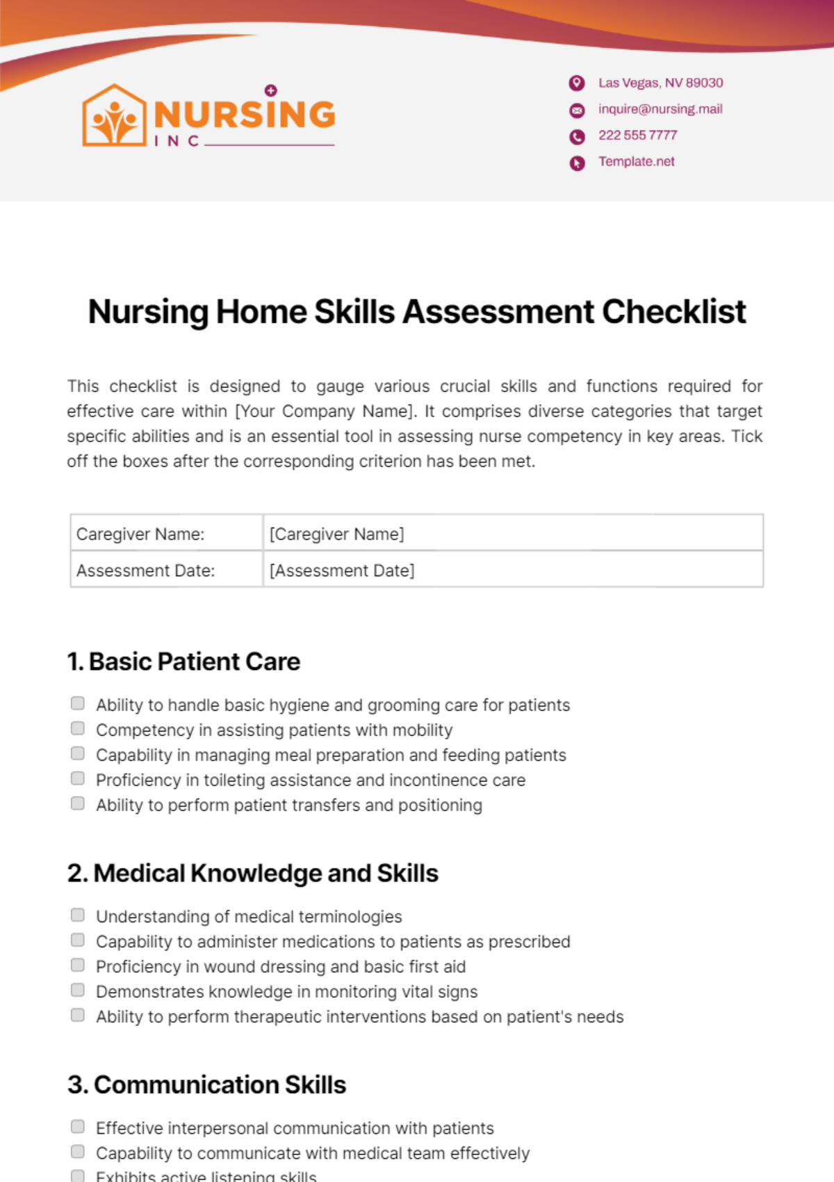 Nursing Home Skills Assessment Checklist Template - Edit Online & Download