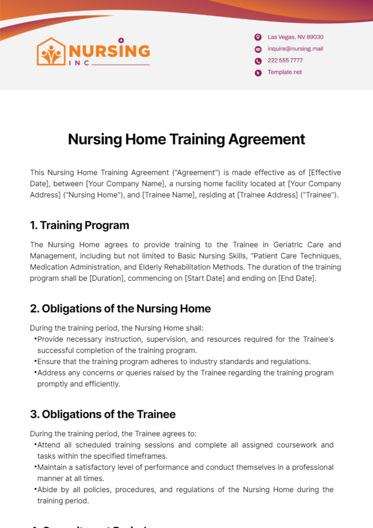 Free Nursing Home Training Agreement Template