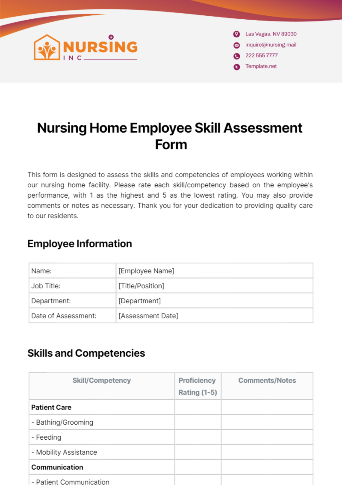 Nursing Home Employee Skill Assessment Form Template