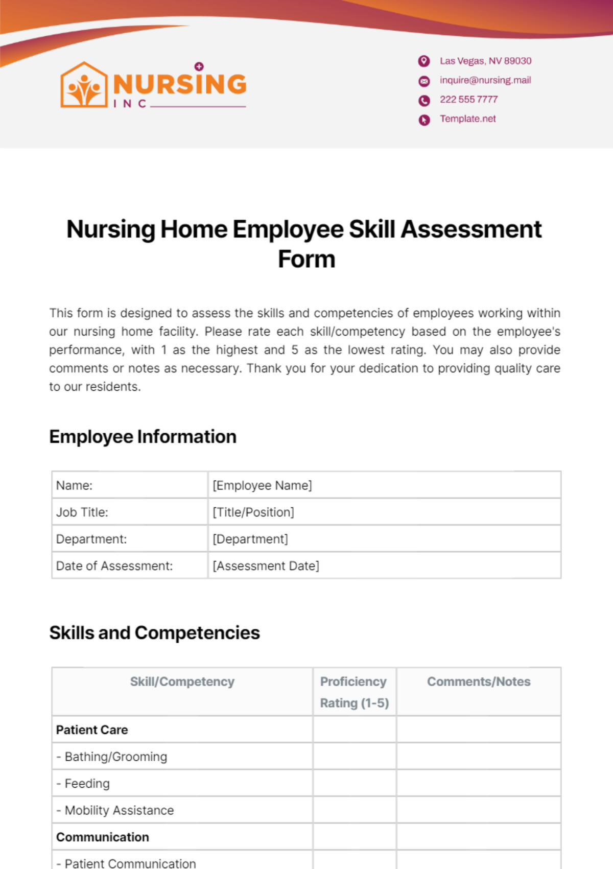 Nursing Home Employee Skill Assessment Form Template - Edit Online & Download