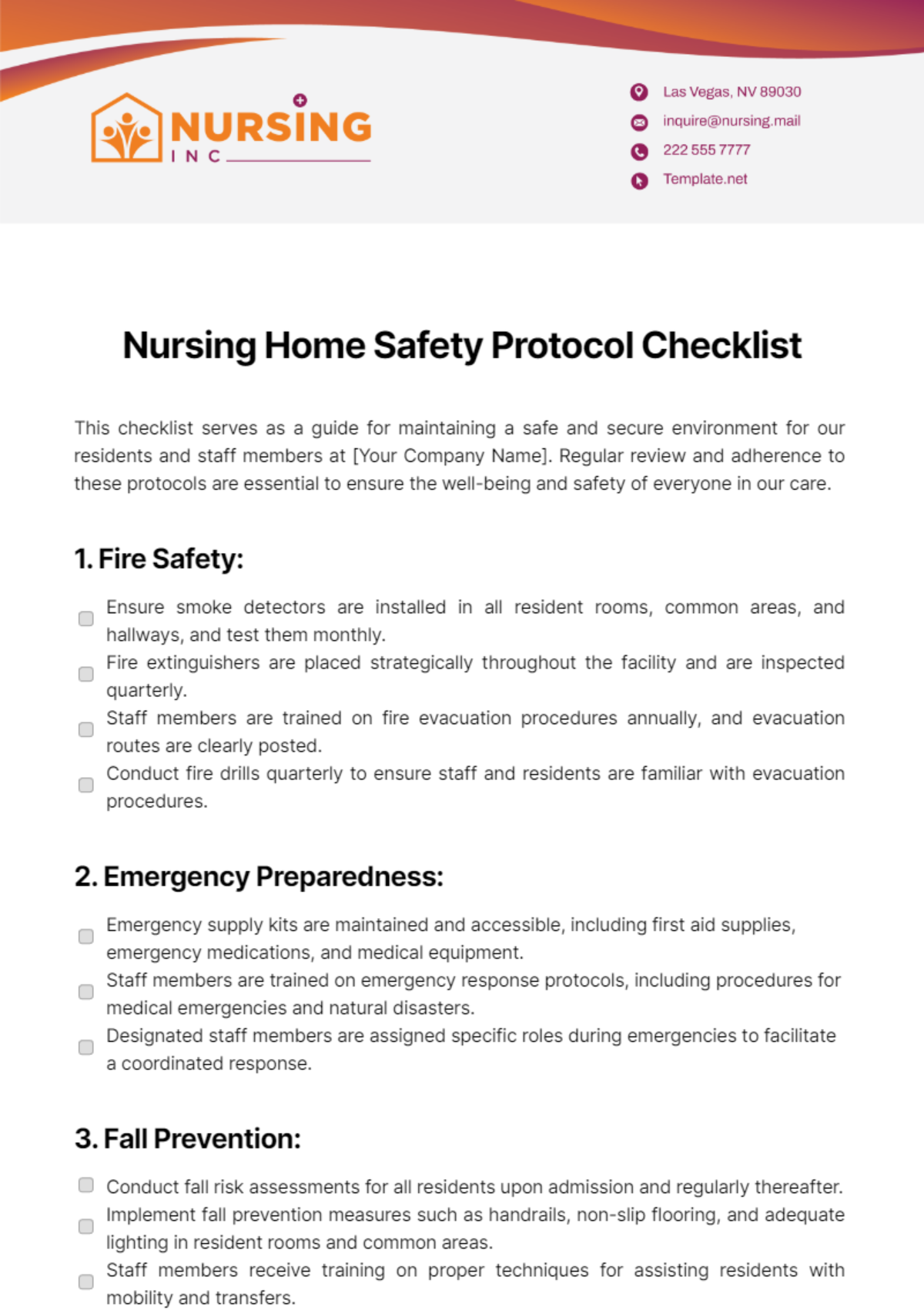 Nursing Home Safety Protocol Checklist Template
