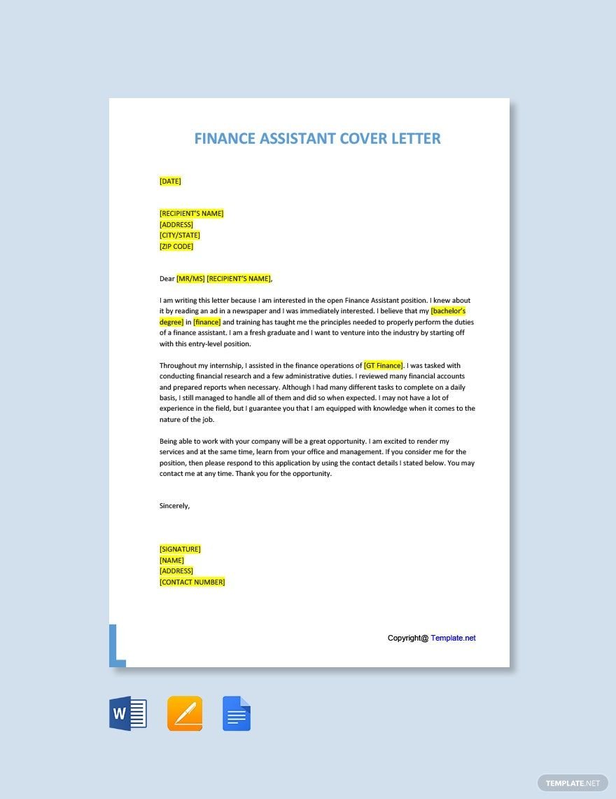 Free Finance Assistant Cover Letter Template