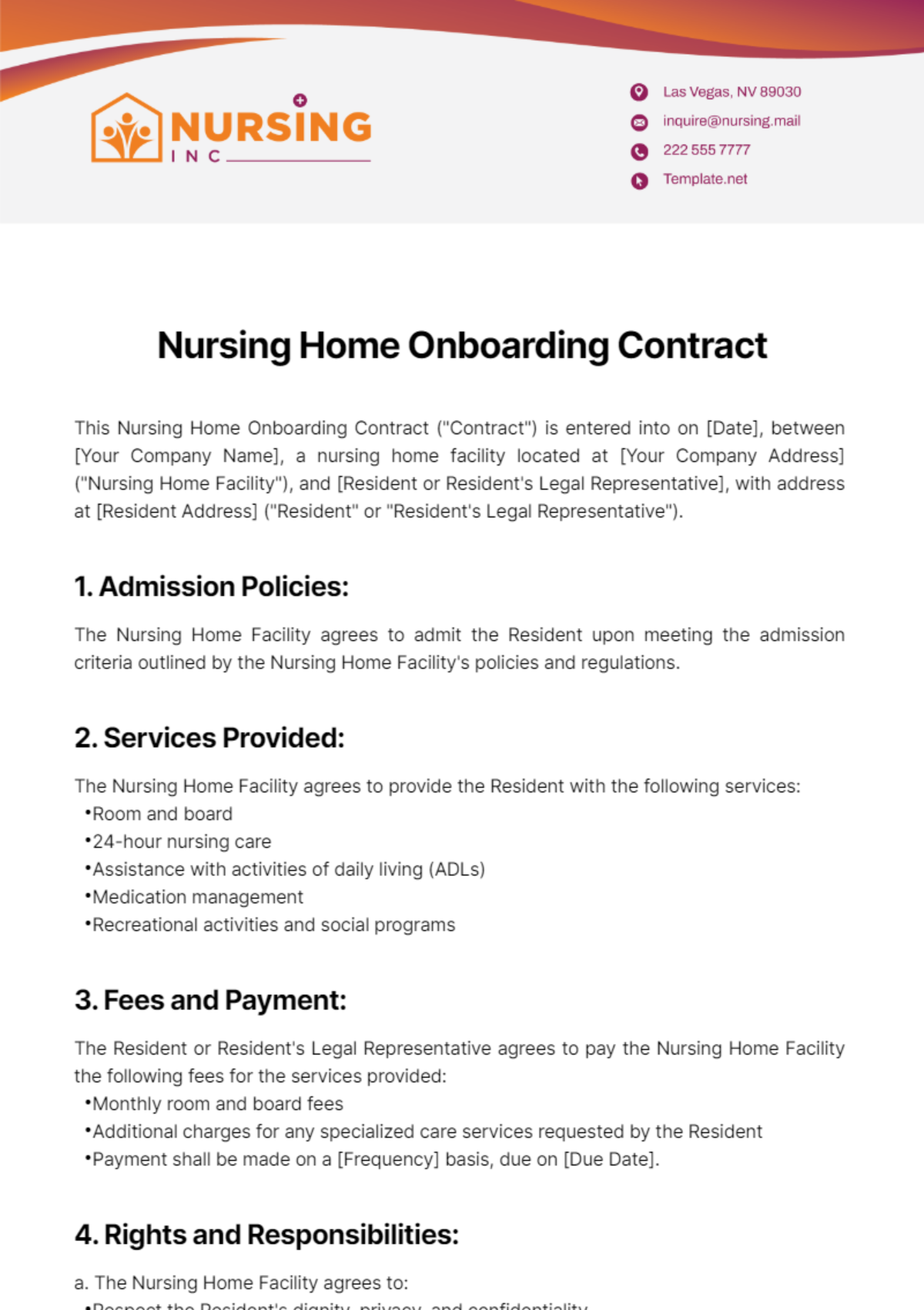 Free Nursing Home Onboarding Contract Template