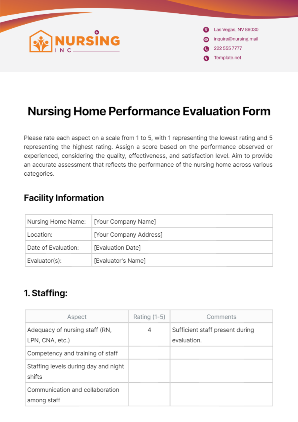 Nursing Home Performance Evaluation Form Template