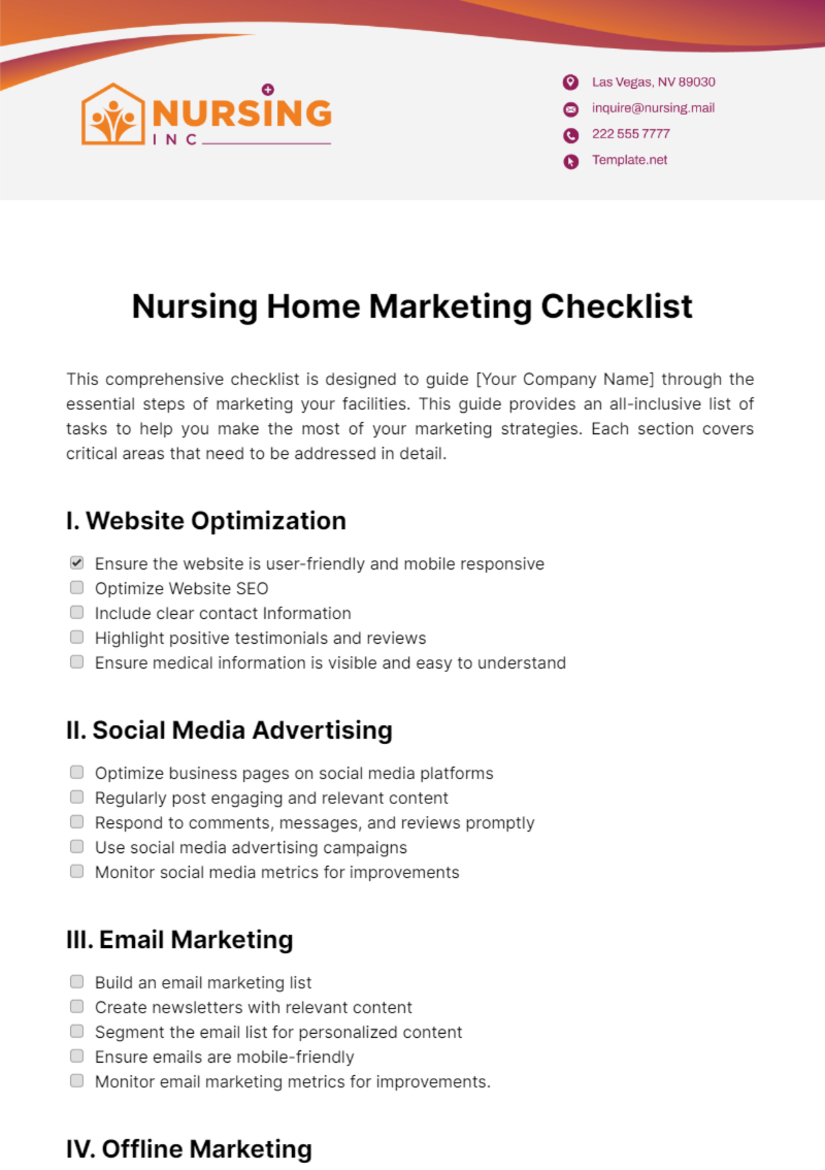 Nursing Home Marketing Checklist Template - Edit Online & Download