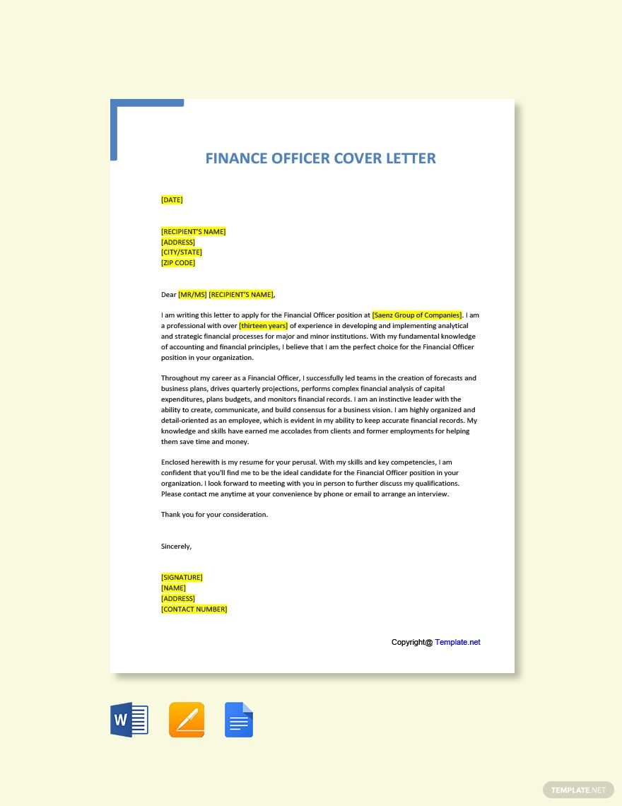 Finance Officer Cover Letter in Word, Google Docs, PDF, Apple Pages