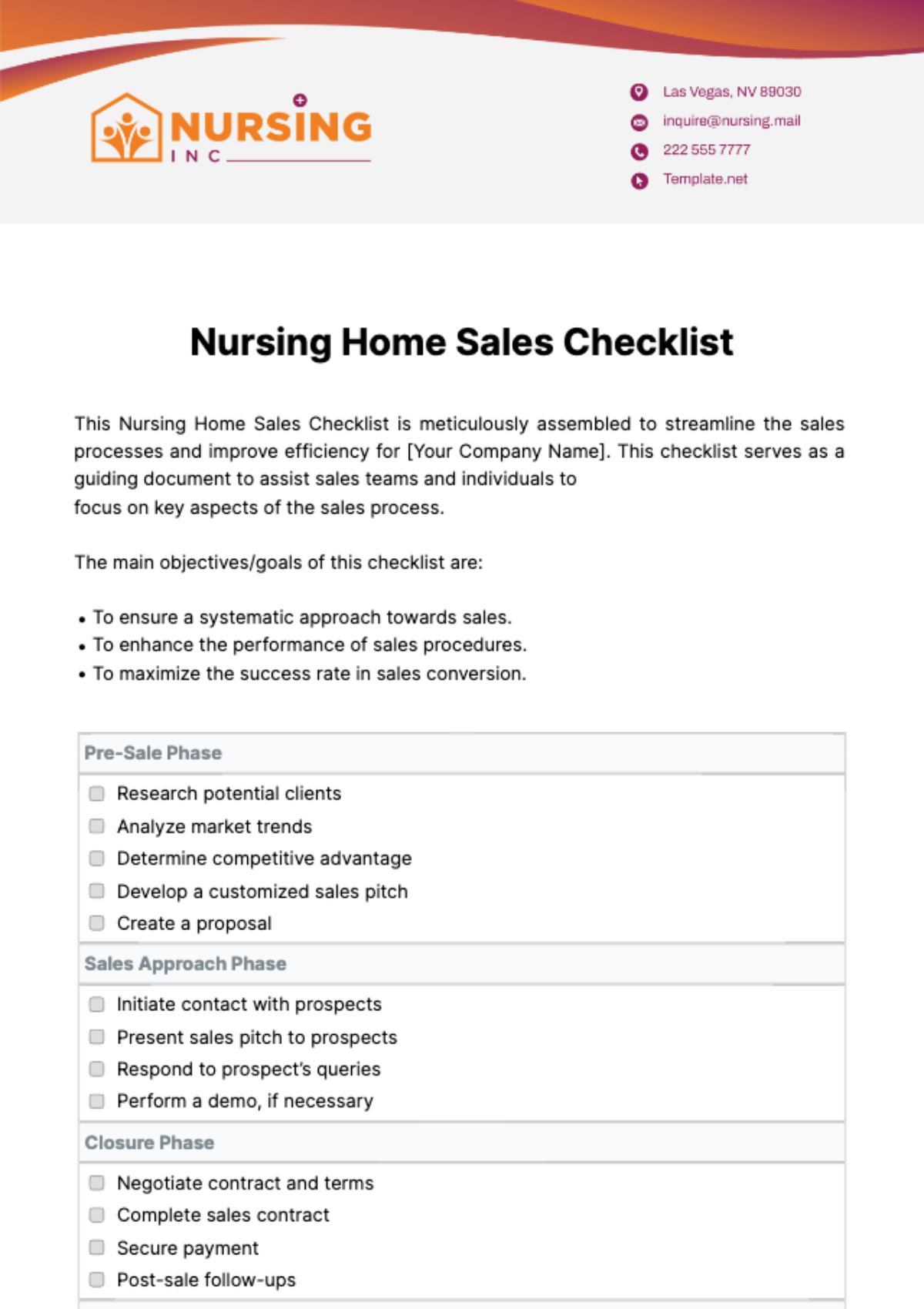 Nursing Home Sales Checklist Template