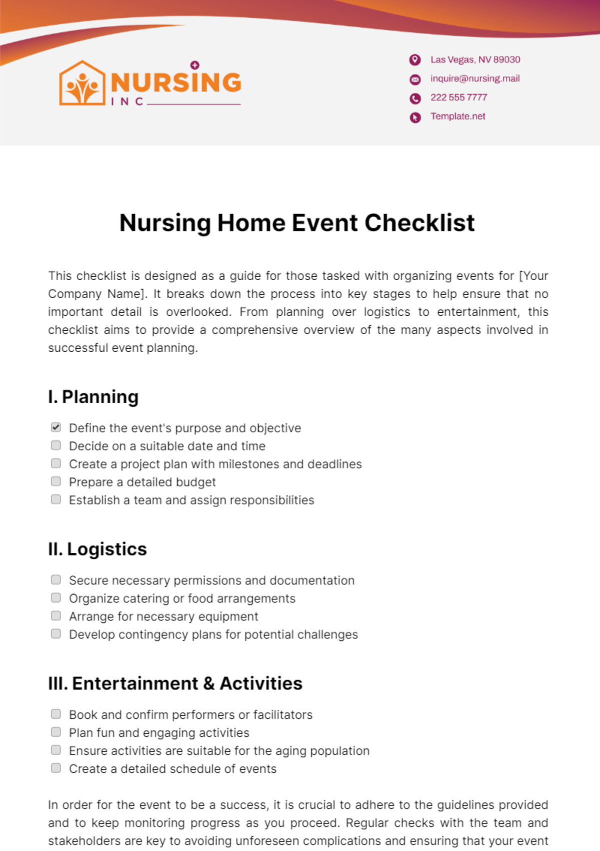 Nursing Home Event Checklist Template