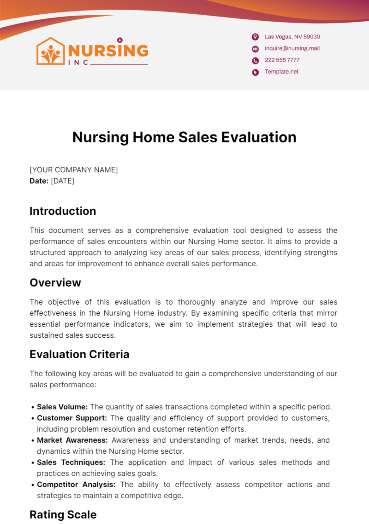 Nursing Home Sales Evaluation Template