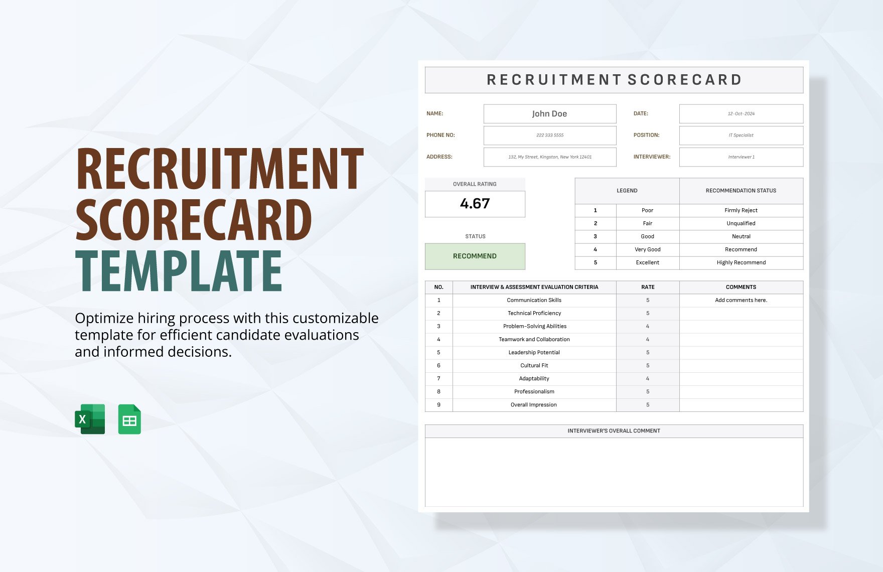 Recruitment Scorecard Template in Excel, Google Sheets