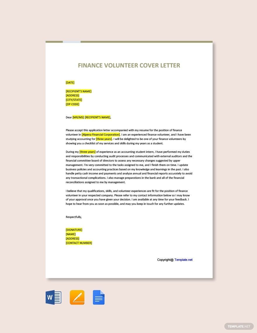 Free Finance Volunteer Cover Letter Template