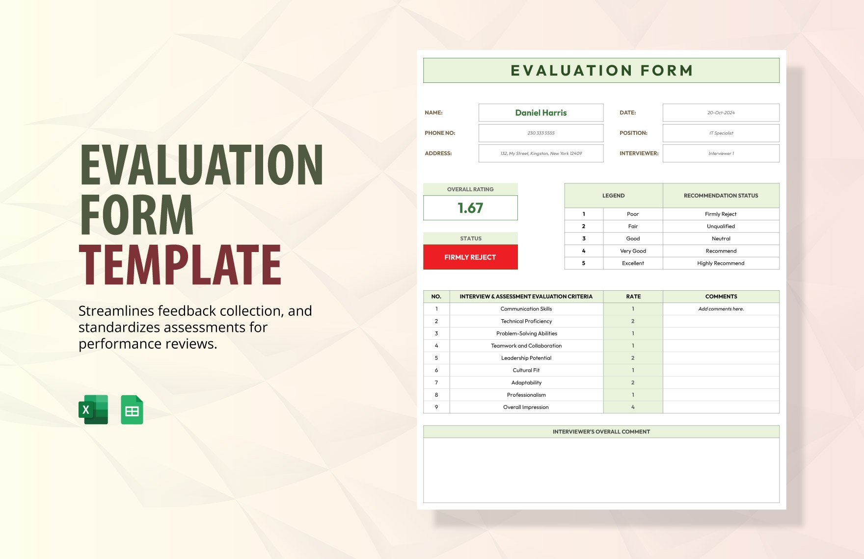Evaluation Form Template in Excel, Google Sheets
