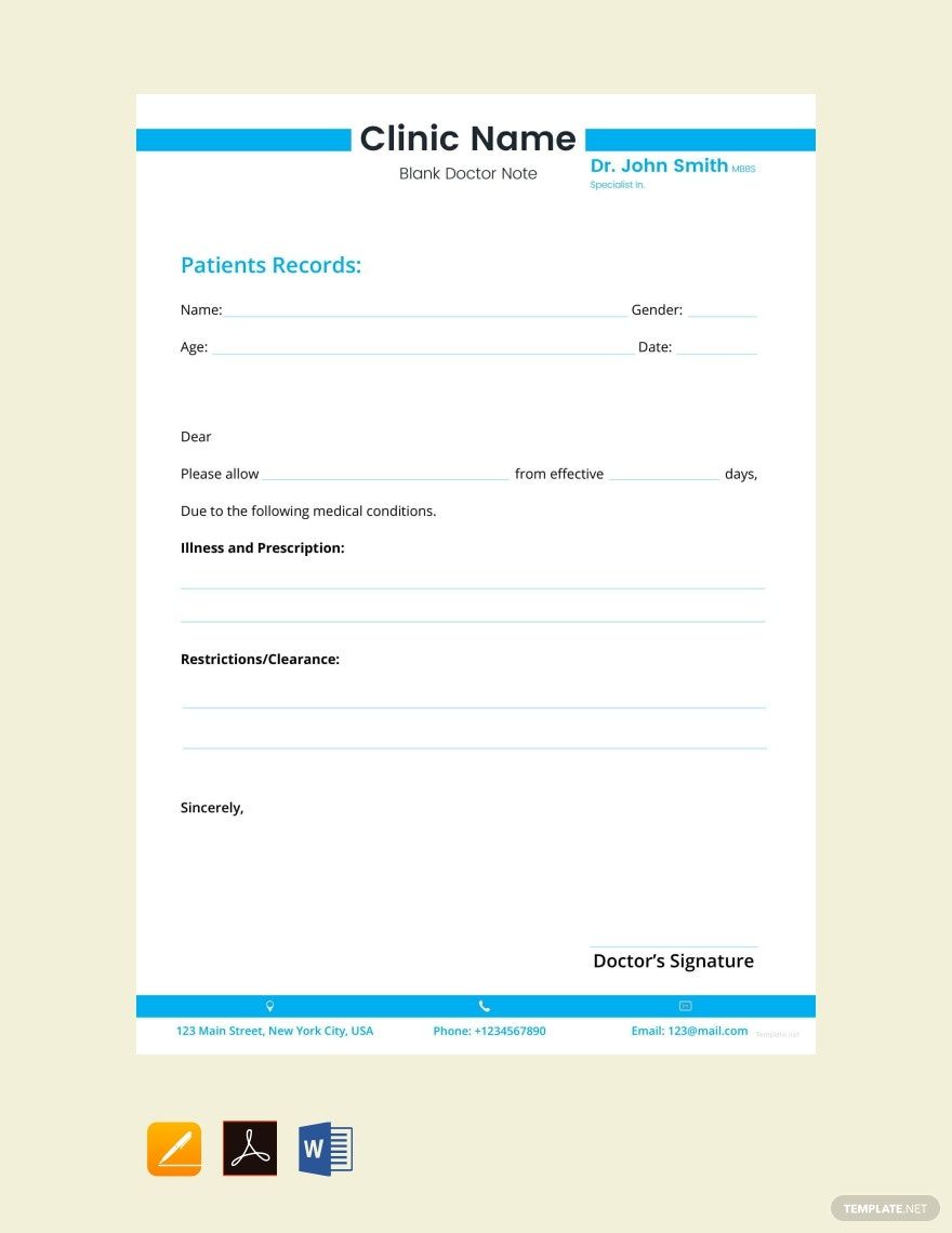 Sample Blank Doctor Note Template in Word, Google Docs, PDF, Apple Pages
