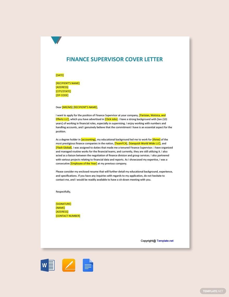 Finance Supervisor Cover Letter