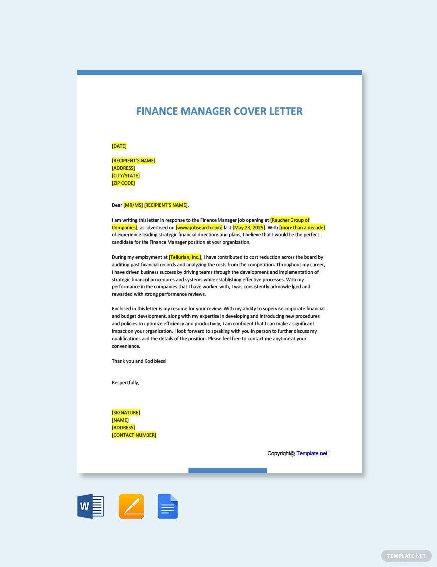 Finance Manager Cover Letter
