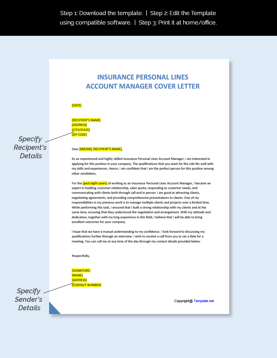 Insurance Personal Lines Account Manager Cover Letter Template