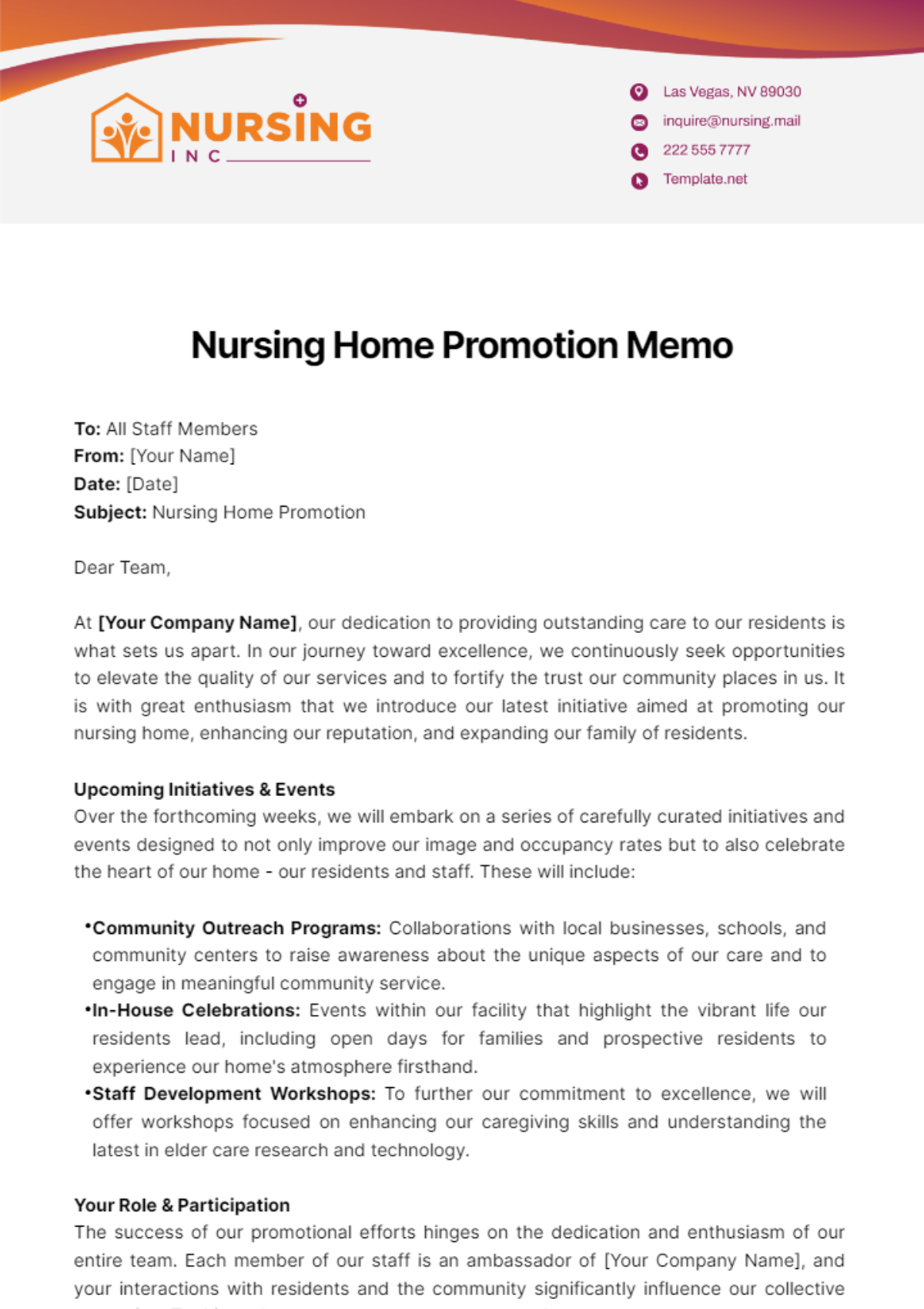Nursing Home Promotion Memo Template