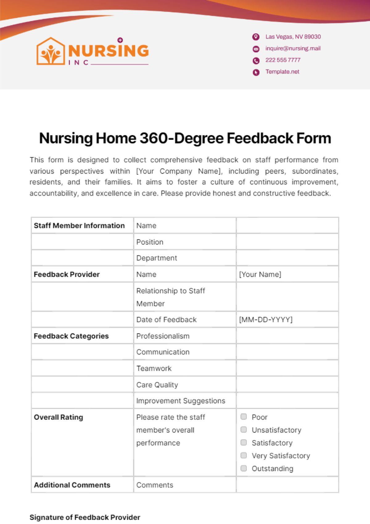 Nursing Home 360-Degree Feedback Form Template