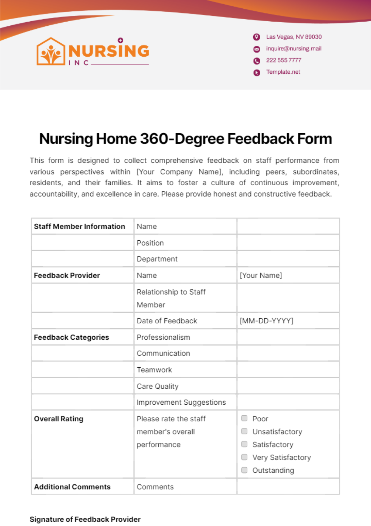 Nursing Home 360-Degree Feedback Form Template - Edit Online & Download