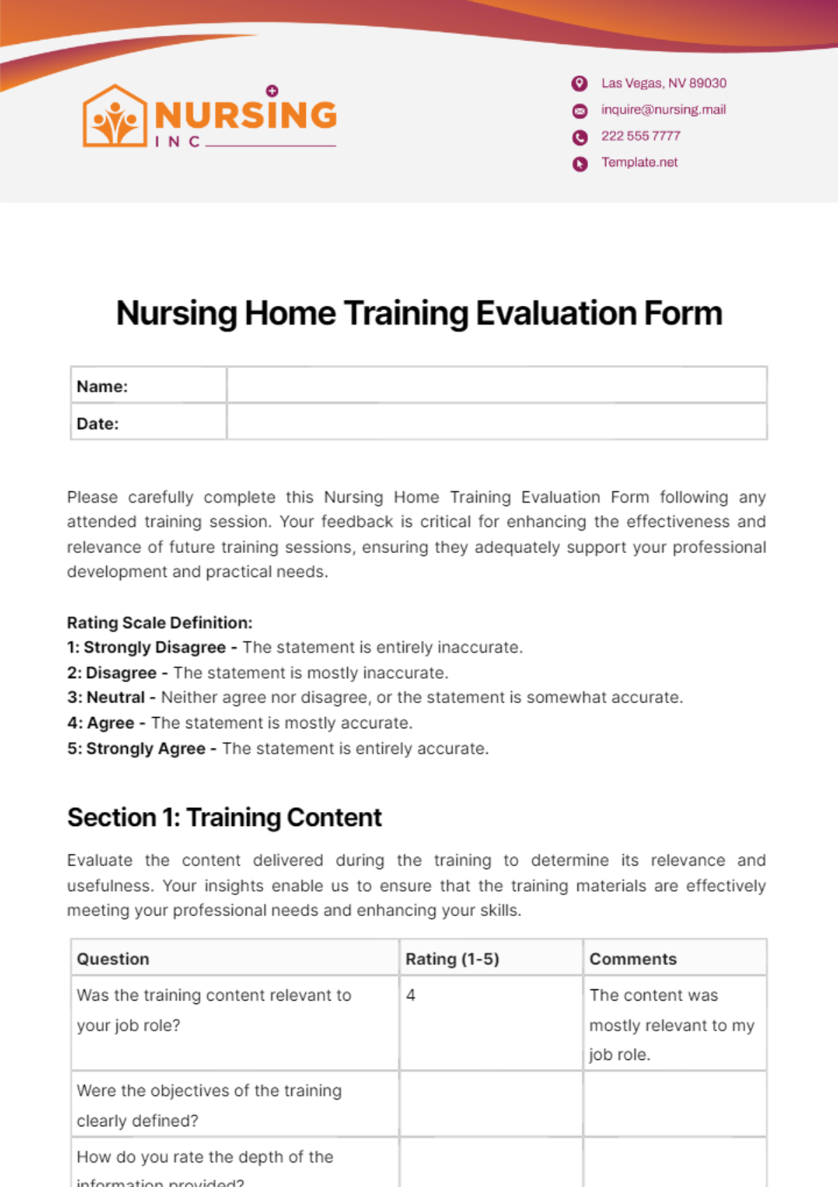 Nursing Home Training Evaluation Form Template