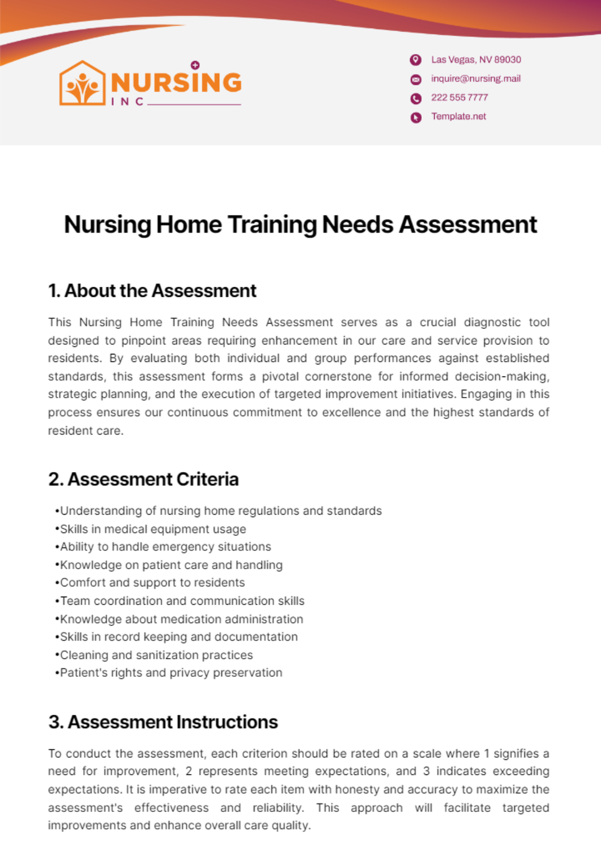 Free Nursing Home Training Needs Assessment Template