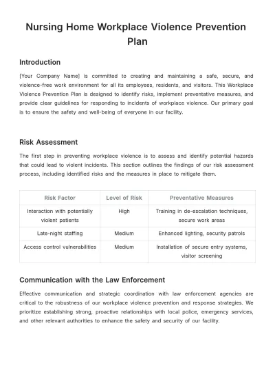 Free Nursing Home Workplace Violence Prevention Plan Template to Edit Online