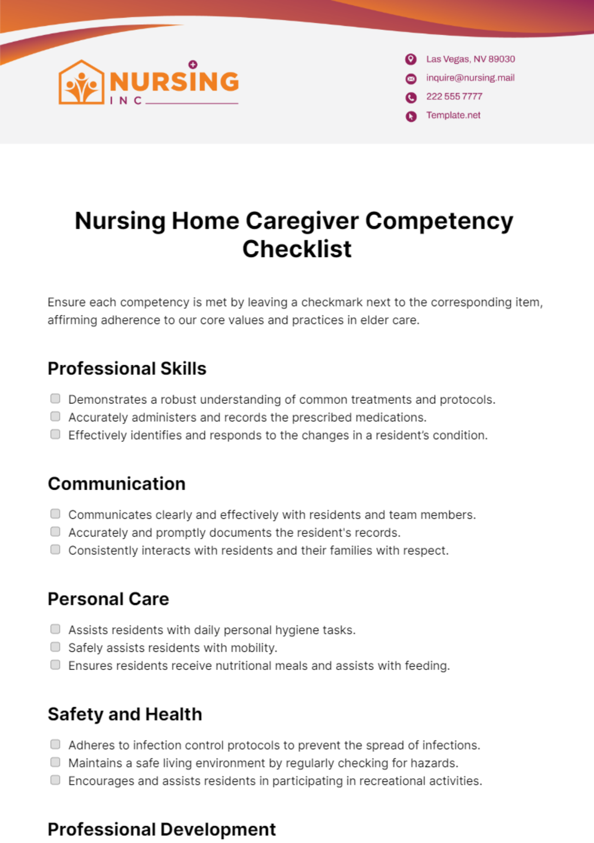 Free Nursing Home Caregiver Competency Checklist Template