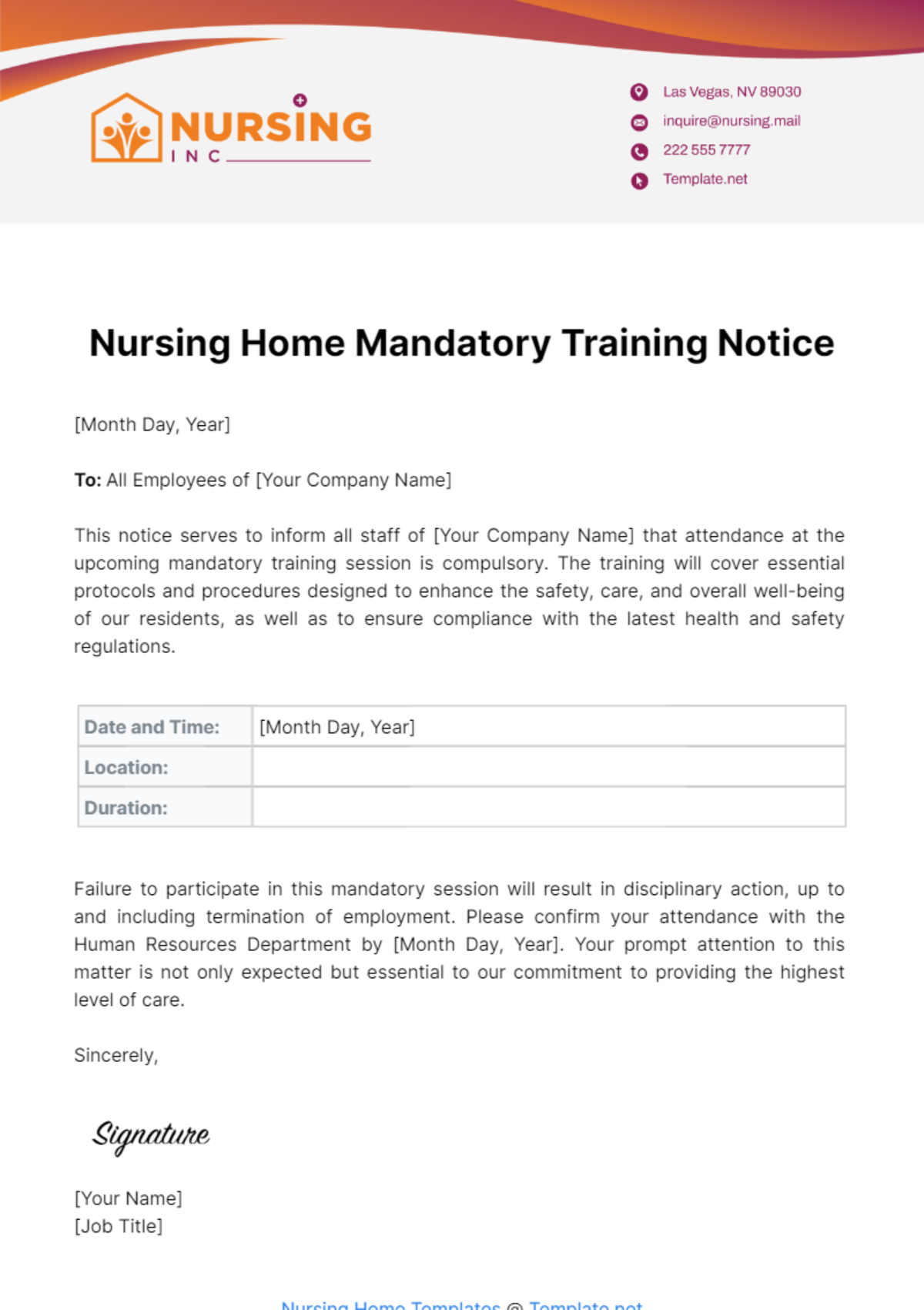 Free Nursing Home Mandatory Training Notice Template