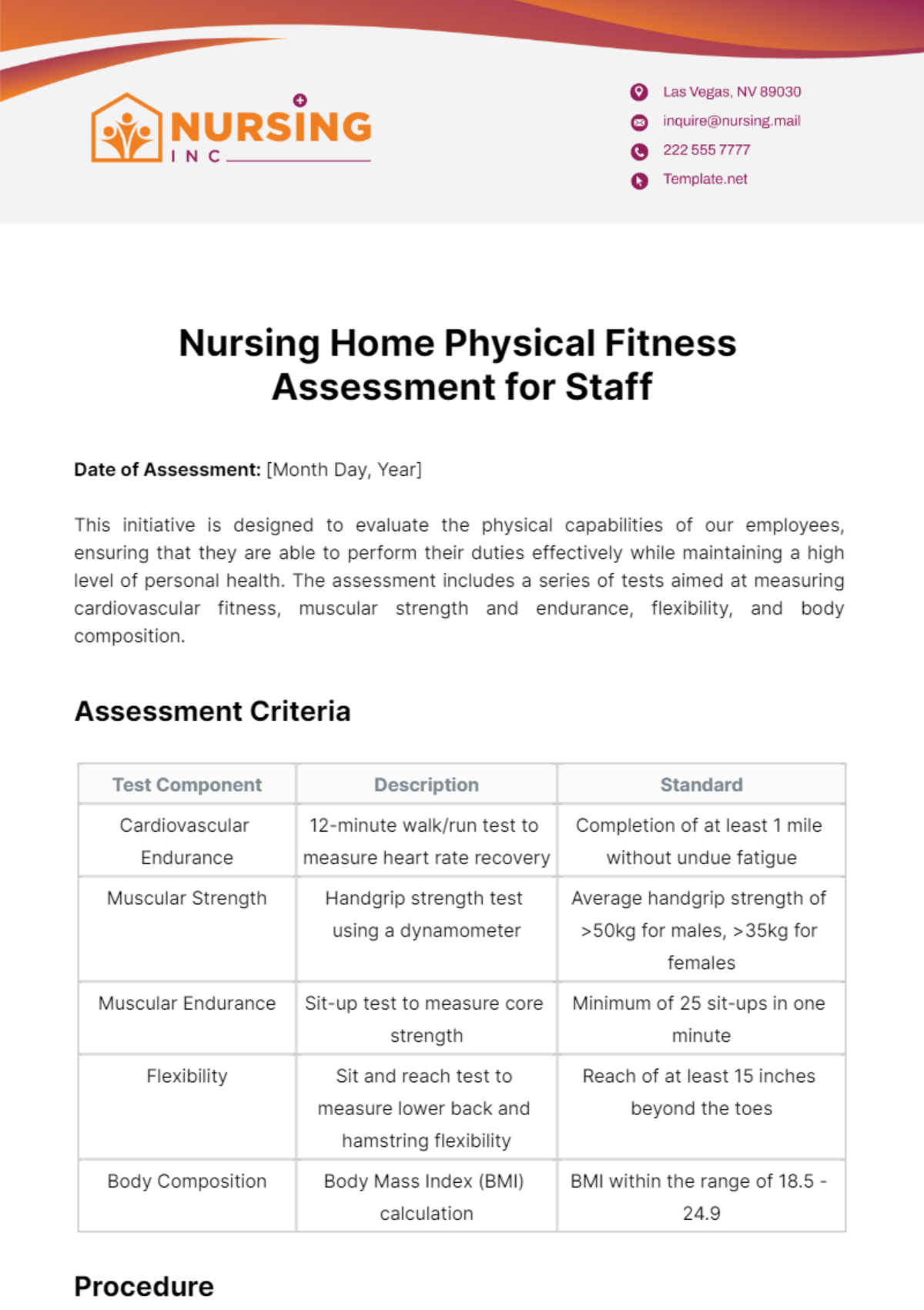Free Nursing Home Physical Fitness Assessment for Staff Template