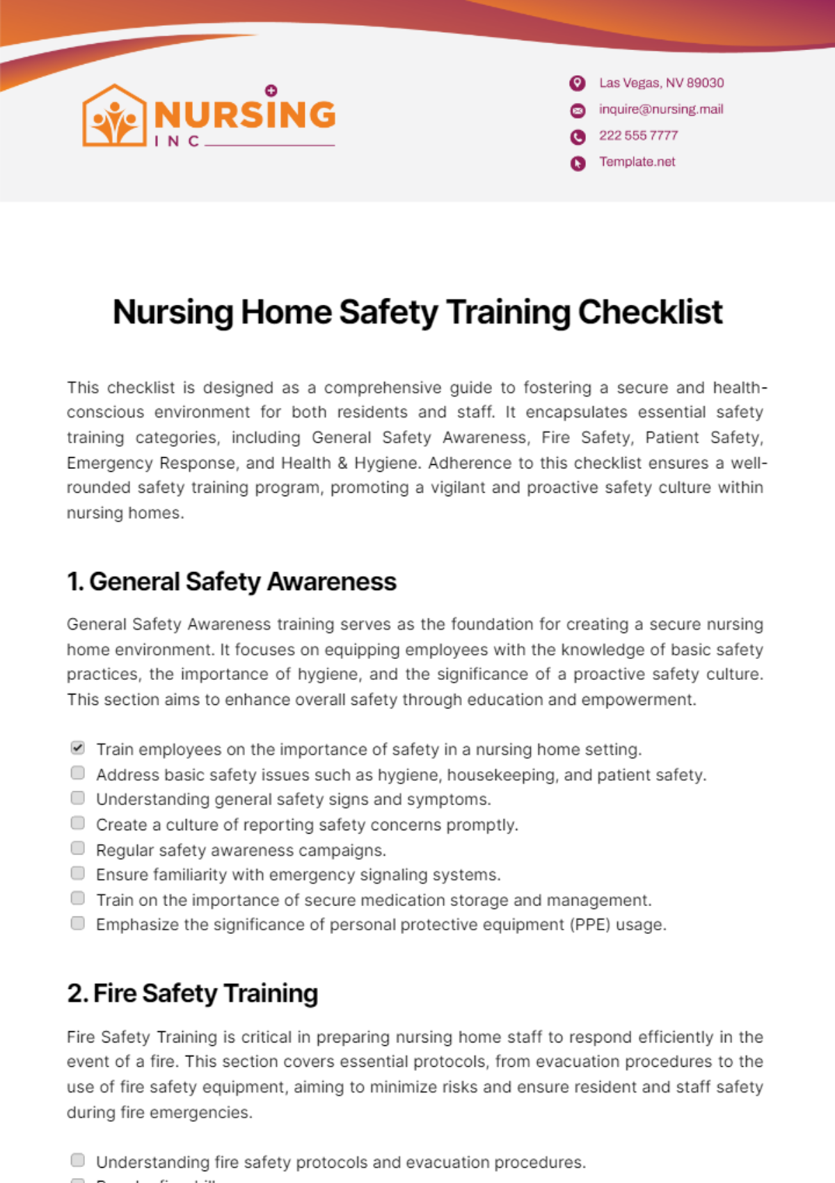 Nursing Home Safety Training Checklist Template
