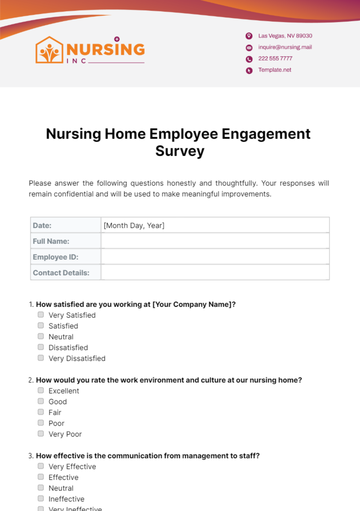 Free Nursing Home Employee Engagement Survey Template