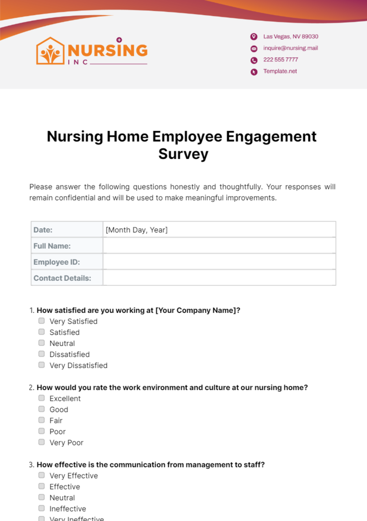 Nursing Home Employee Engagement Survey Template - Edit Online & Download