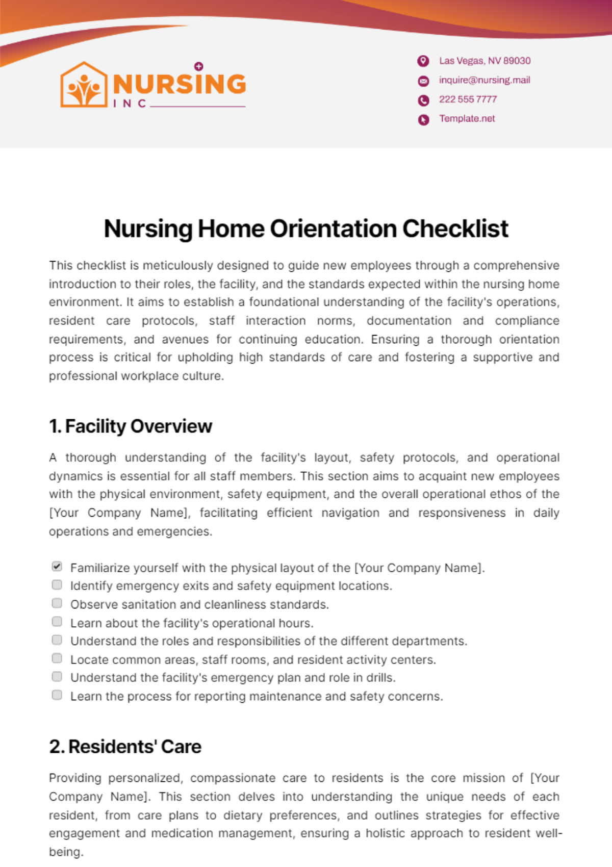 Nursing Home Orientation Checklist Template