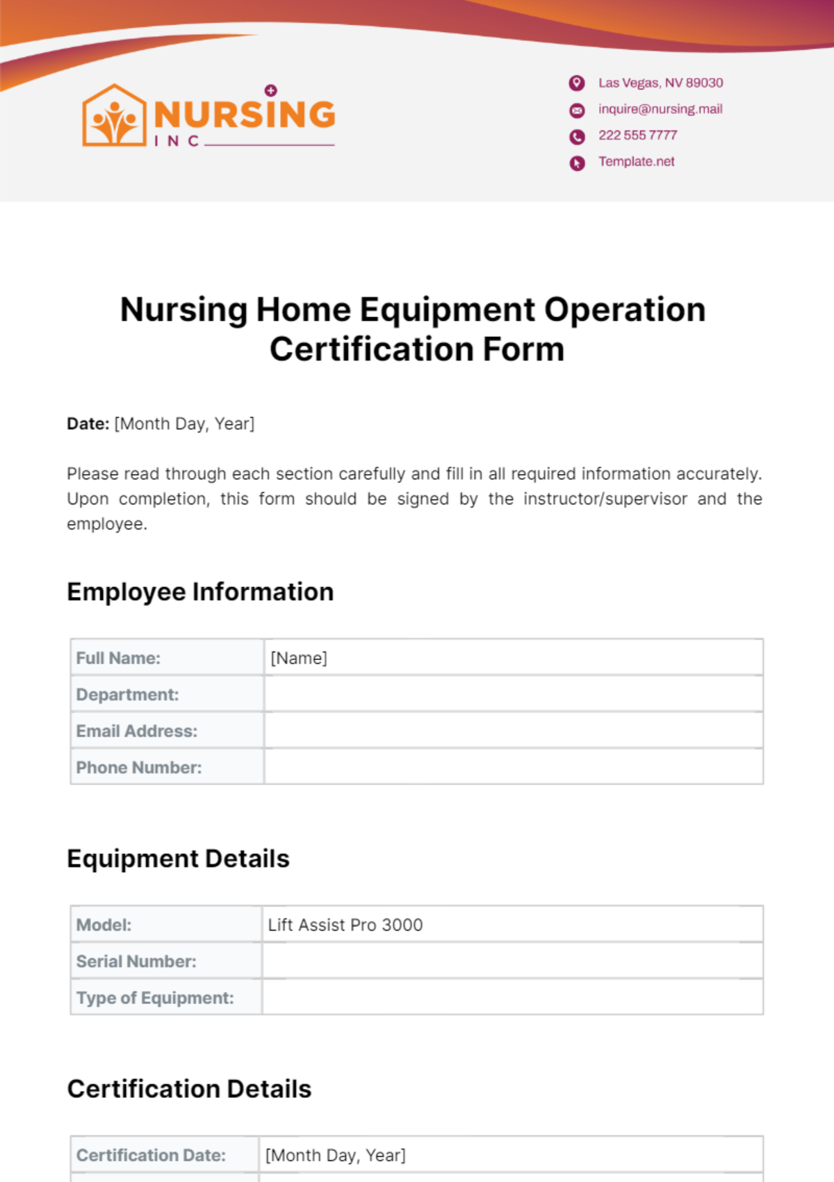 Nursing Home Equipment Operation Certification Form Template