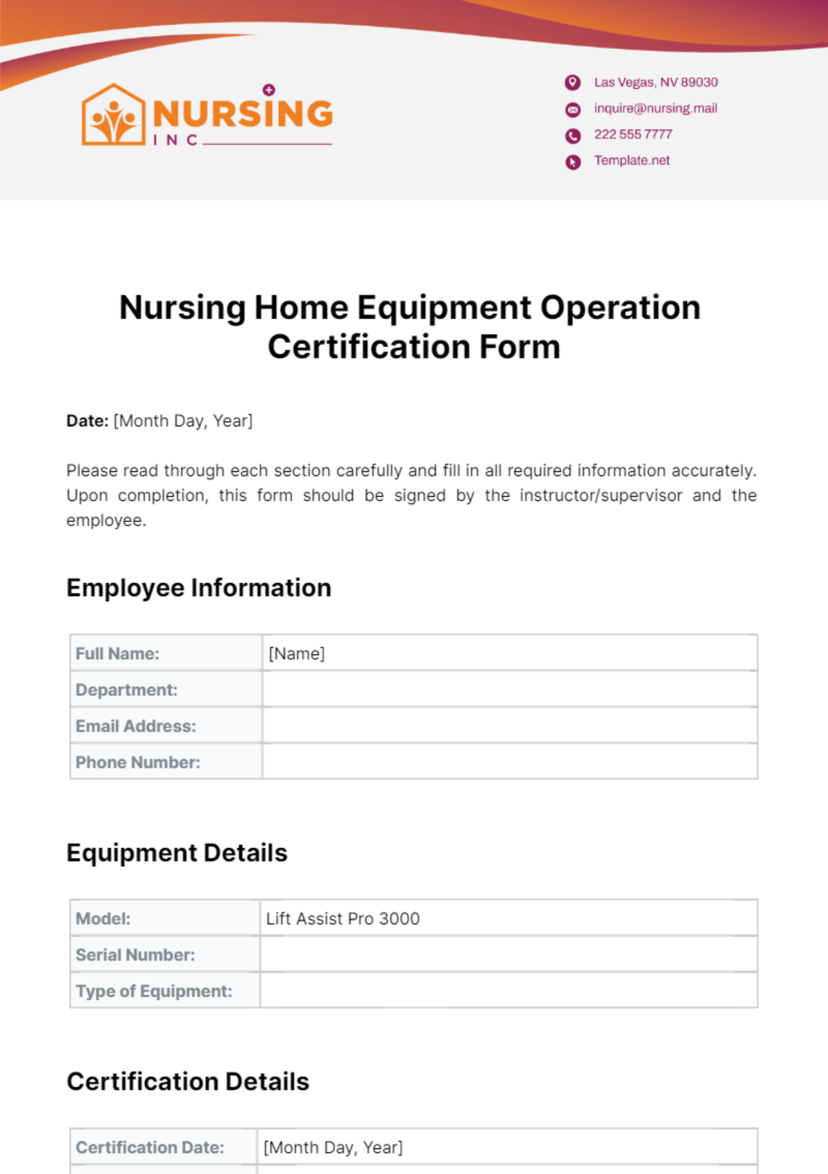 Nursing Home Equipment Operation Certification Form Template - Edit Online & Download