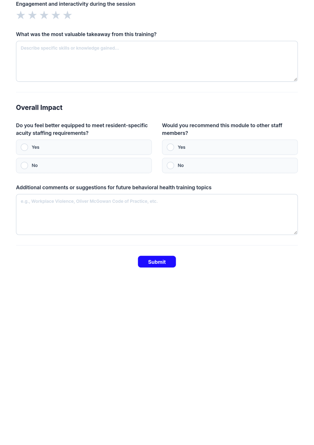 Free Nursing Home Behavioral Health Training Module Feedback Form Template & AI Maker
