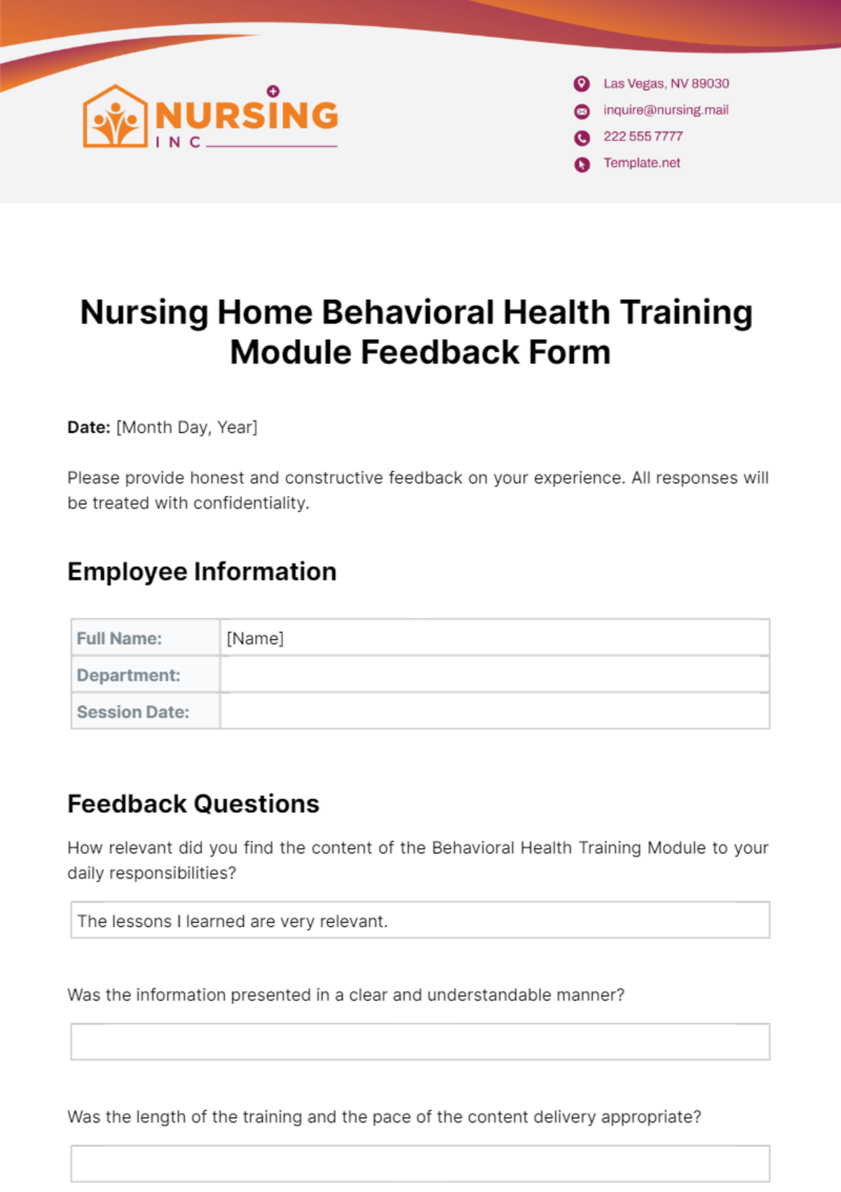 Free Nursing Home Behavioral Health Training Module Feedback Form Template