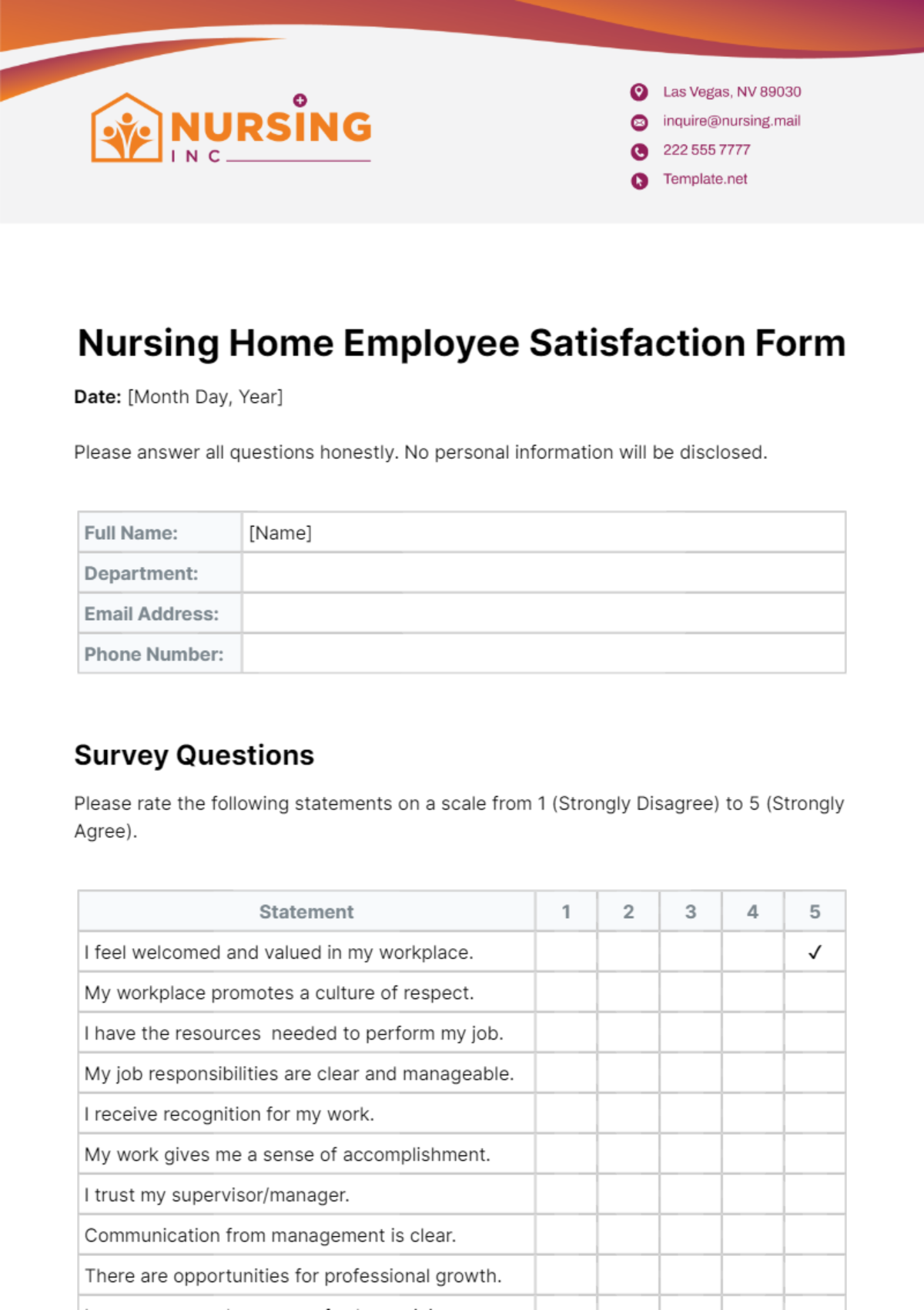 Free Nursing Home Employee Satisfaction Form Template
