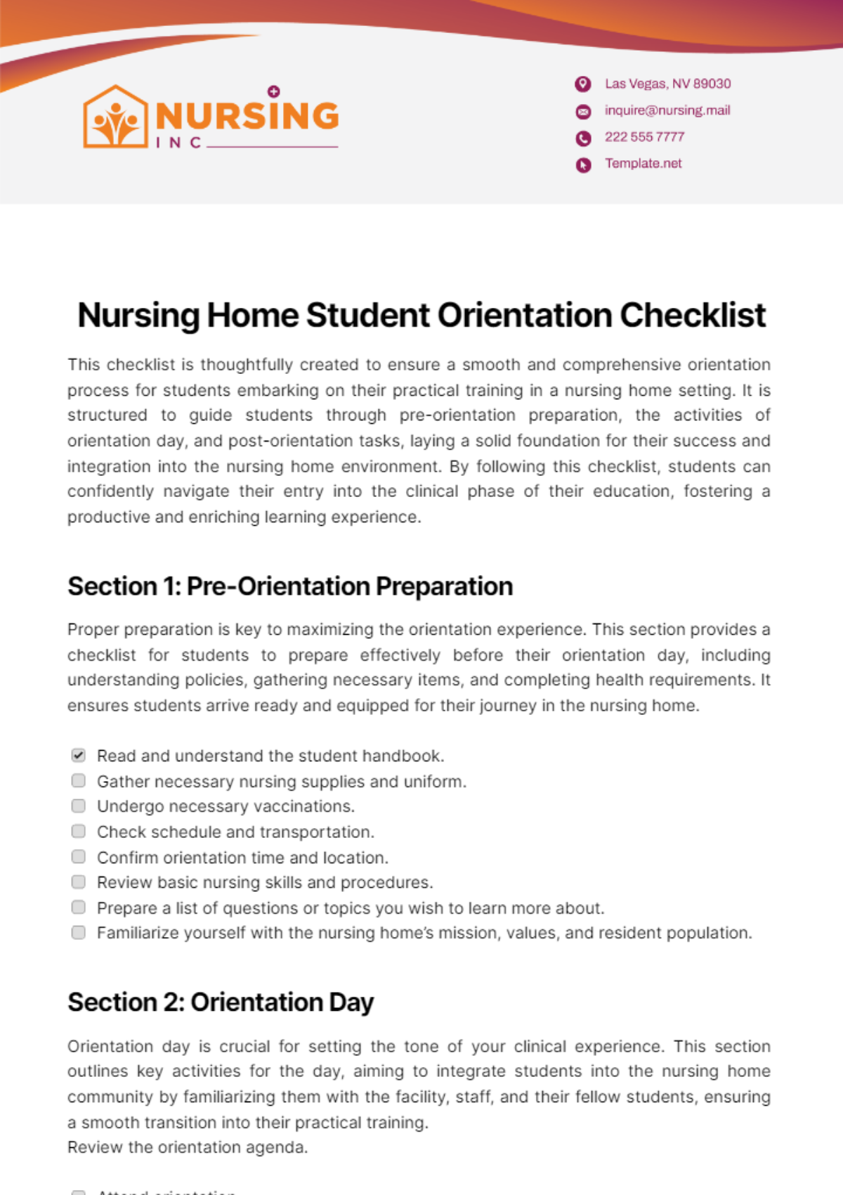 Free Nursing Home Student Orientation Checklist Template